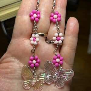 3/$25 Pink Flowers & Iridescent Butterfly Drop Earrings